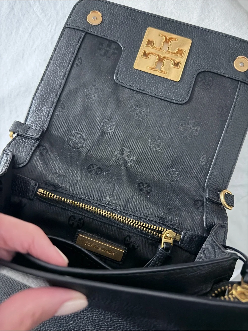 Tory Burch black Pebbled Leather Zip with Gold Logo